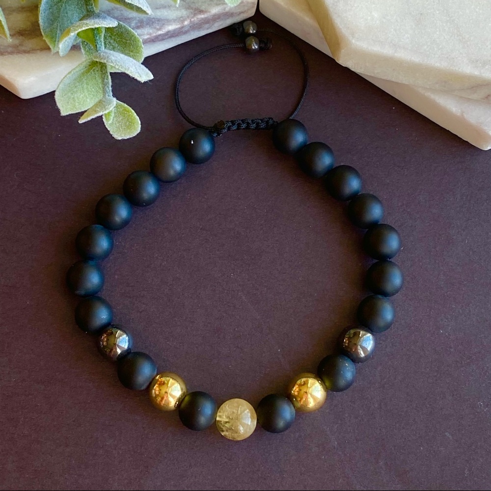 Citrine, Hematite & Black Onyx Adjustable Beaded Bracelet For Men - Picture 3 of 4
